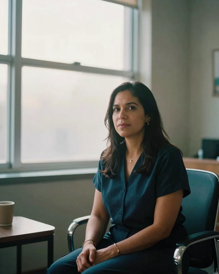 Medium editorial portrait of Dr. Gloria Morales in a serene consu