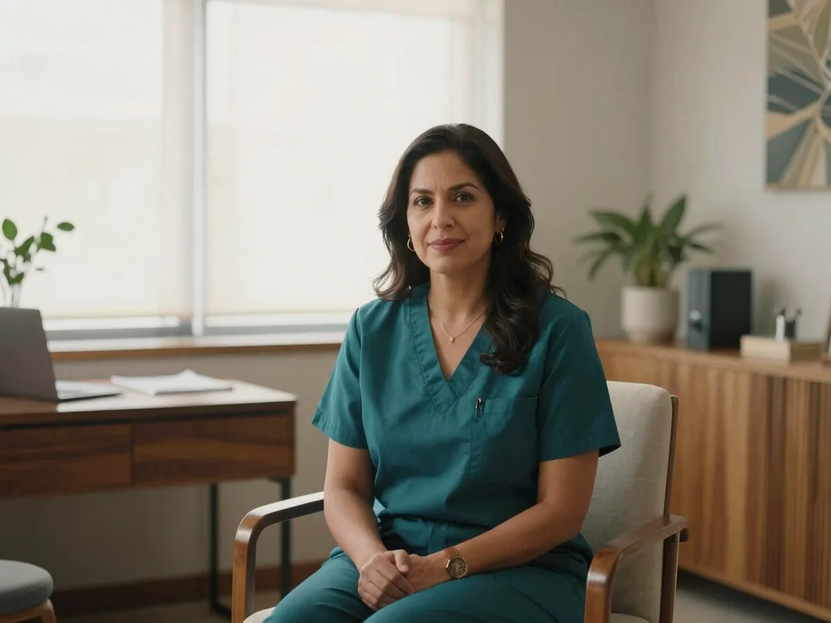 Medium shot of Dr. Gloria Morales in a calm, professional pose within a modern, light-filled consultation room, noble ma